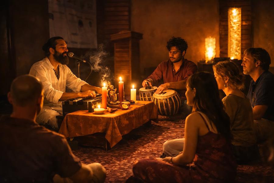 Evening music session with harmonium and tabla