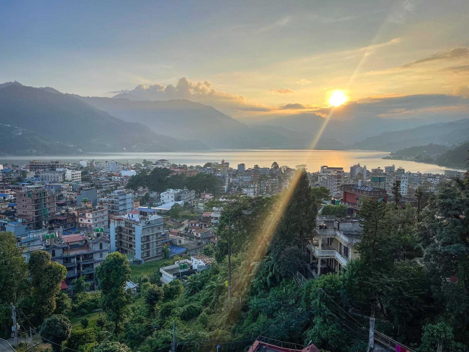 Aerial sunset view over Pokhara and Phewa Lake Nepal